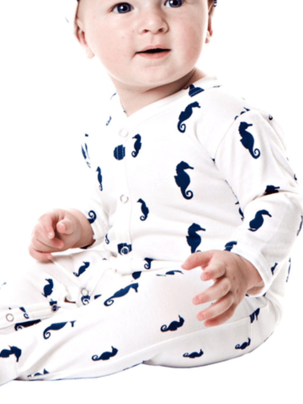 Kate Quinn Organics Classic Footie Jumpsuit Seahorse White Navy Blue 3-6 Months